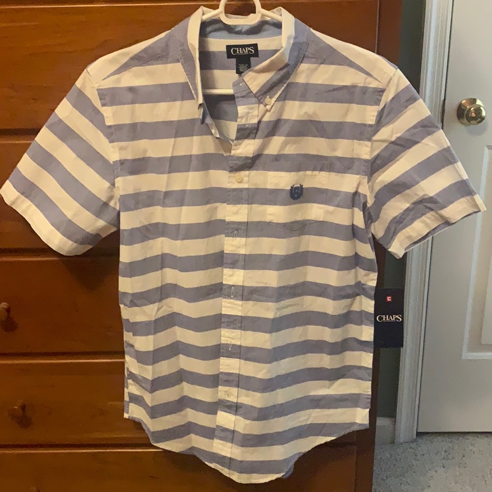 Boys blue and white striped Chaps button down short sleeve